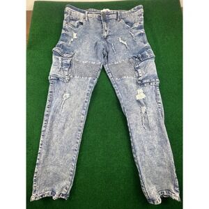 Refinery Republic Mens 34x32 Distressed Acid Wash Cargo Jeans Moto Style